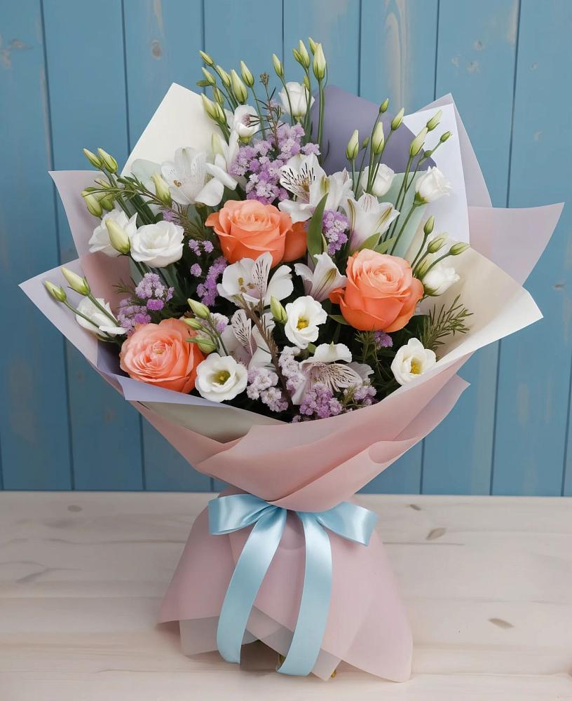 Букет цветов из: Лизиантусы, Розы, Альстромерии и Гипсофила в Бердяуше